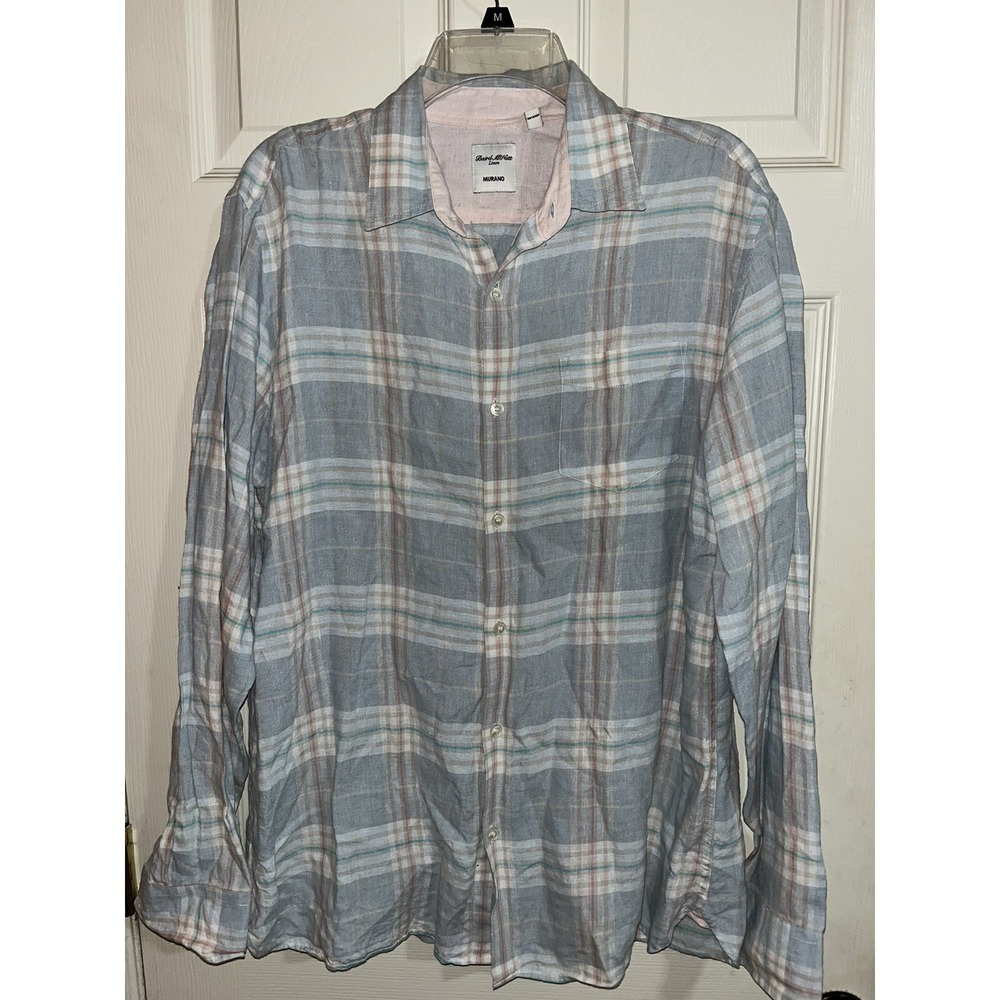 Baird McNutt Murano Shirt Men's Large Plaid‎ ,Linen Long Sleeve